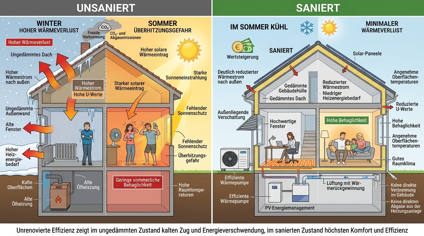 Vergleich eines unsanierten und eines sanierten Wohngebäudes: hoher Wärmeverlust und Überhitzungsgefahr im unsanierten Zustand gegenüber minimalem Wärmeverlust, sommerlicher Kühle und hoher Behaglichkeit im sanierten Zustand durch Dämmung, Wärmepumpe, Lüftung mit Wärmerückgewinnung und PV-Energiemanagement